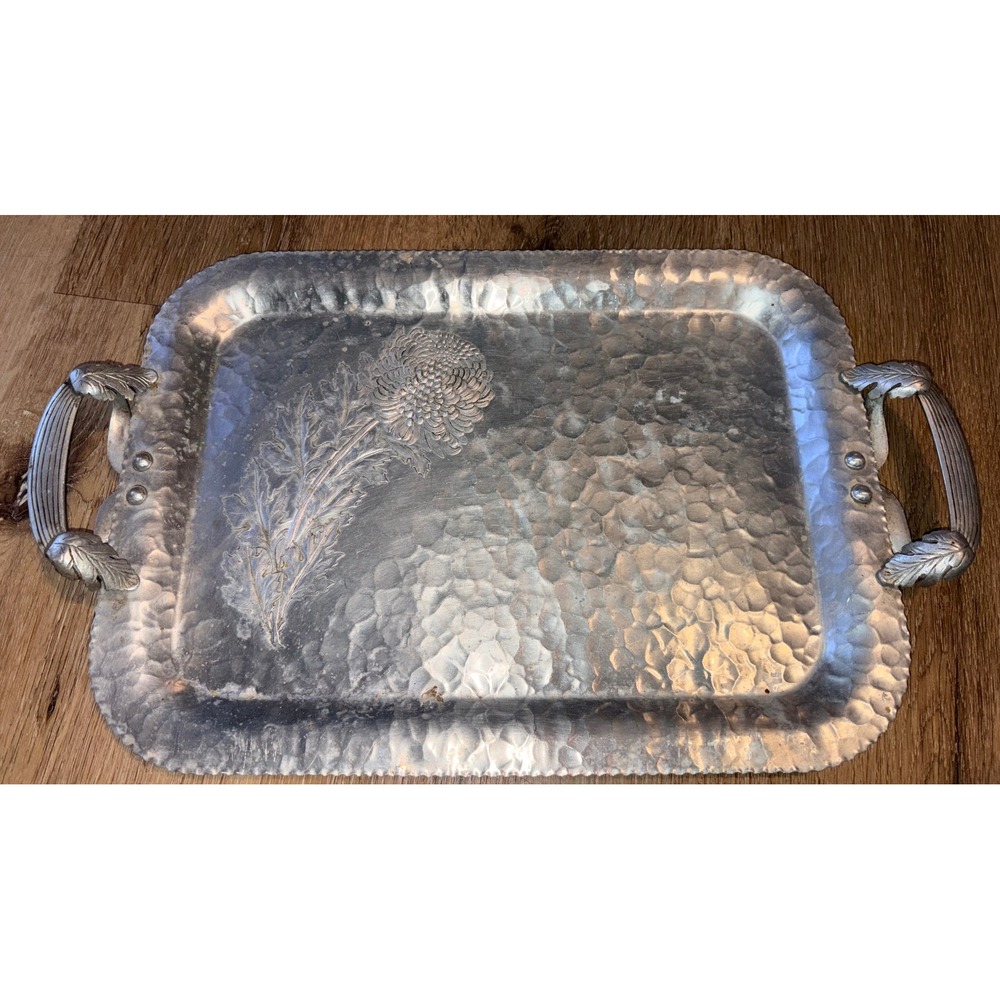 Continental Silver Co Hand Wrought Hammered Aluminum Tray Chrysanthemum 523